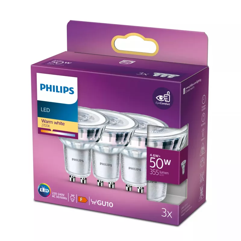 Philips LED spot PAR16 GU10 4,6 W 355 lm 2700 K teplá biela balenie 3 ks