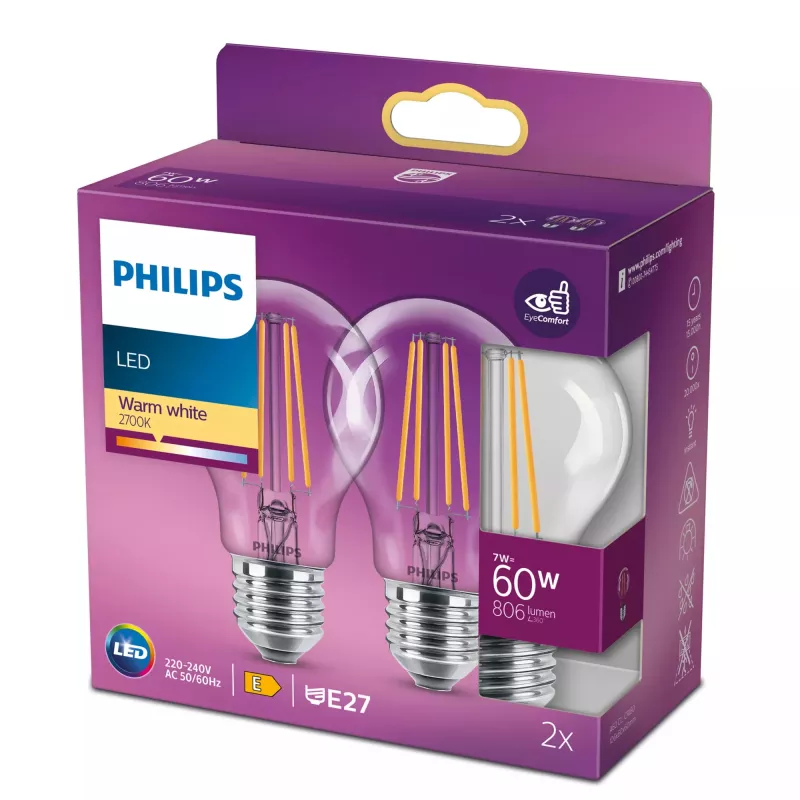 LED filamentová žiarovka Philips A60 7W (zodp. 60W) E27 číra 2700K balenie 2 ks