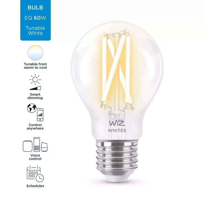 Smart LED filamentová žiarovka WiZ A60 E27 7W (806 lm) číra, 220–240V