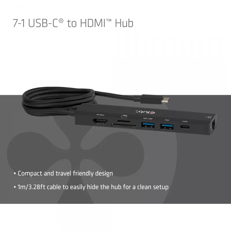USB-C na HDMI hub CLUB3D 7-1 — káblový, Gigabit Ethernet, čierny, 136×34×94,5 mm