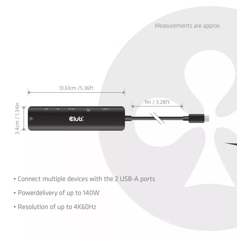 USB-C na HDMI hub CLUB3D 7-1 — káblový, Gigabit Ethernet, čierny, 136×34×94,5 mm