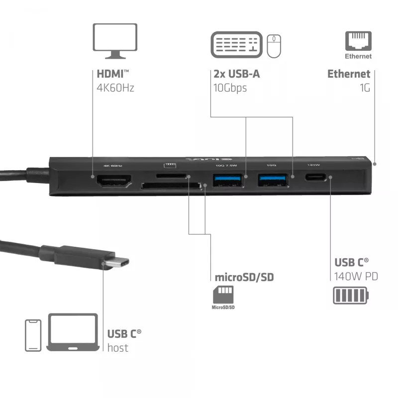 USB-C na HDMI hub CLUB3D 7-1 — káblový, Gigabit Ethernet, čierny, 136×34×94,5 mm