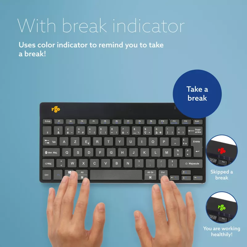 Ergonomická klávesnica R-Go Tools R-Go Compact Break, kompaktná klávesnica so softvérom na prestávky, AZERTY (FR), Bluetooth, čierna