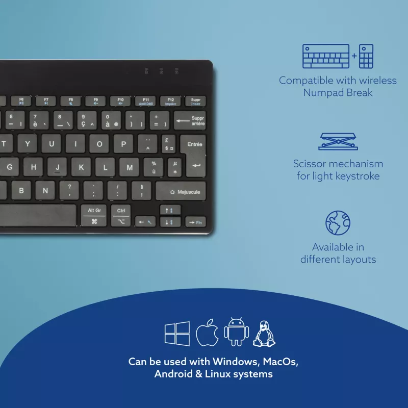 Ergonomická klávesnica R-Go Tools R-Go Compact Break, kompaktná klávesnica so softvérom na prestávky, AZERTY (FR), Bluetooth, čierna