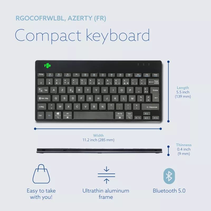 Ergonomická klávesnica R-Go Tools R-Go Compact Break, kompaktná klávesnica so softvérom na prestávky, AZERTY (FR), Bluetooth, čierna