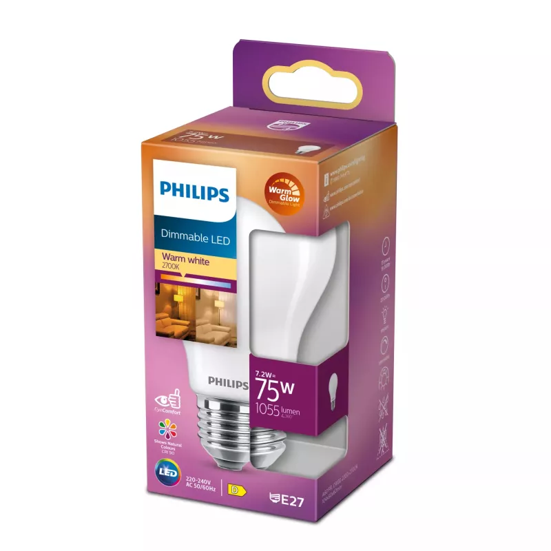 Philips Filament žiarovka matná 75 W A60 E27, 7,2 W, 75 W, E27, 1055 lm, 15000 h, Warm Glow