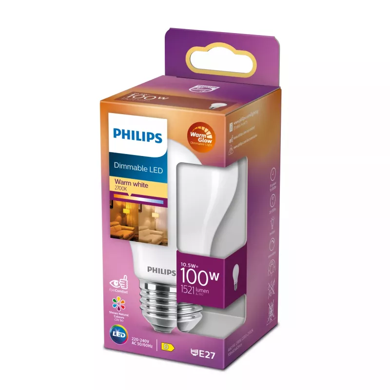 Philips Filament žiarovka matná 100W A60 E27, 10,5 W, 100 W, E27, 1521 lm, 15000 h, Warm Glow