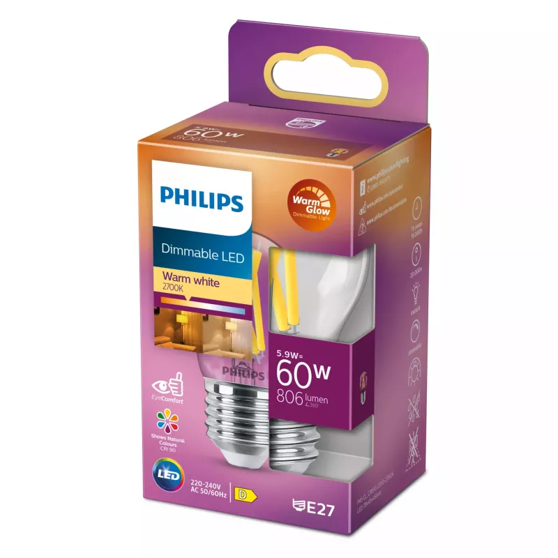 Philips Filament Candle Clear 60W P45 E27, 5,9 W, 60 W, E27, 806 lm, 15 000 h, Warm glow