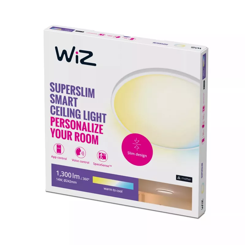 Inteligentné stropné svietidlo WiZ Superslim stropné svietidlo 14 W Wi-Fi/Bluetooth biela