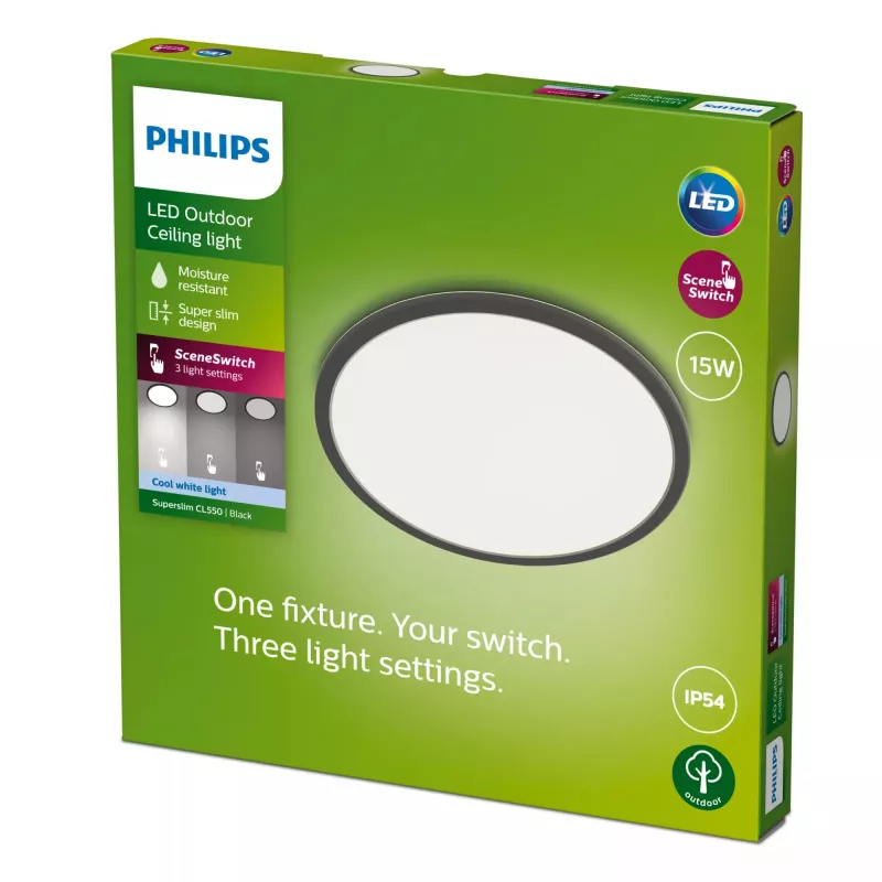 Stropné svietidlo Philips Superslim 15W LED, 4000K, IP54, 250×250 mm, čierna/biela