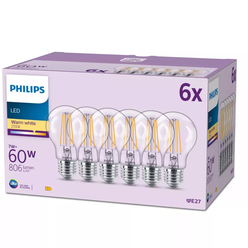 Philips Filament Bulb Frosted 60W A60 E27 x6, 7 W, 60 W, E27, 806 lm, 15000 h, teplá biela
