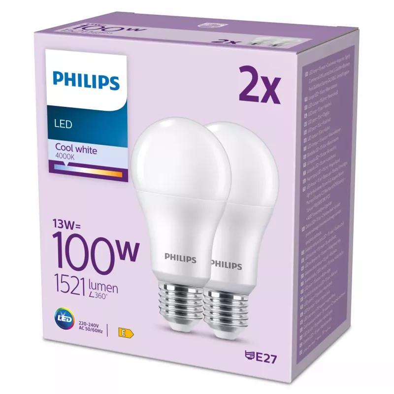 Philips žiarovka 100W A67 E27 x2, 13 W, 100 W, E27, 1521 lm, 15000 h, studená biela
