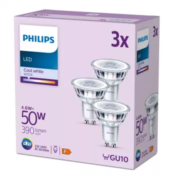 Philips reflektor 50W PAR16 GU10 x3, 4,6 W, 50 W, GU10, 390 lm, 15000 h, studená biela