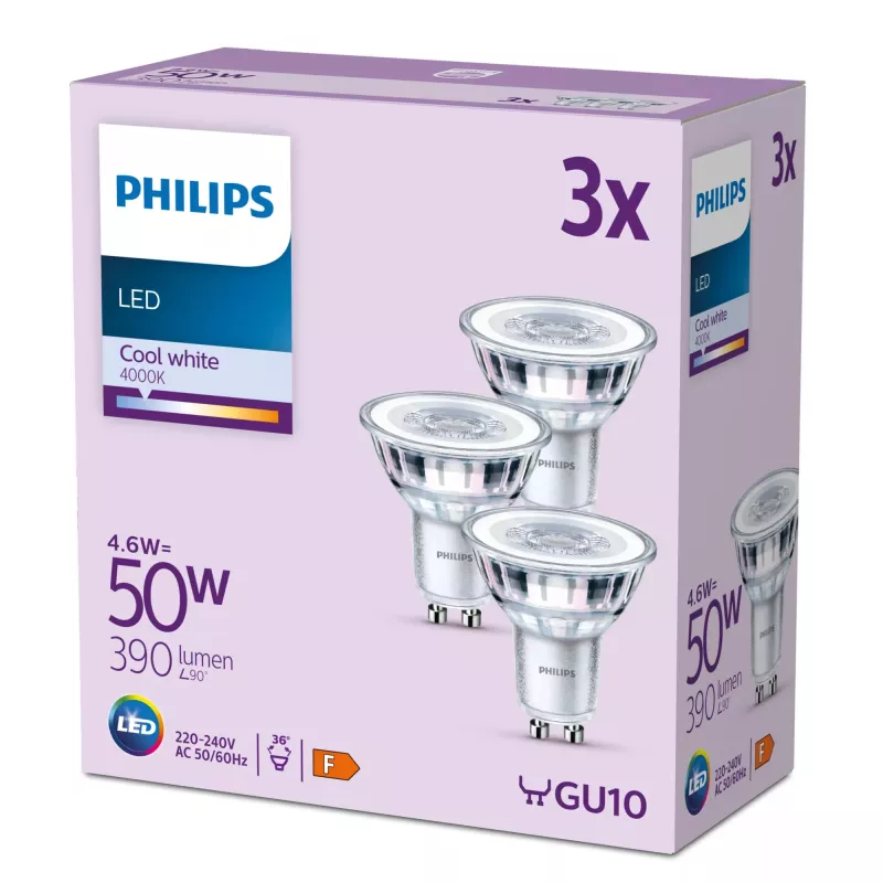 Philips reflektor 50W PAR16 GU10 x3, 4,6 W, 50 W, GU10, 390 lm, 15000 h, studená biela