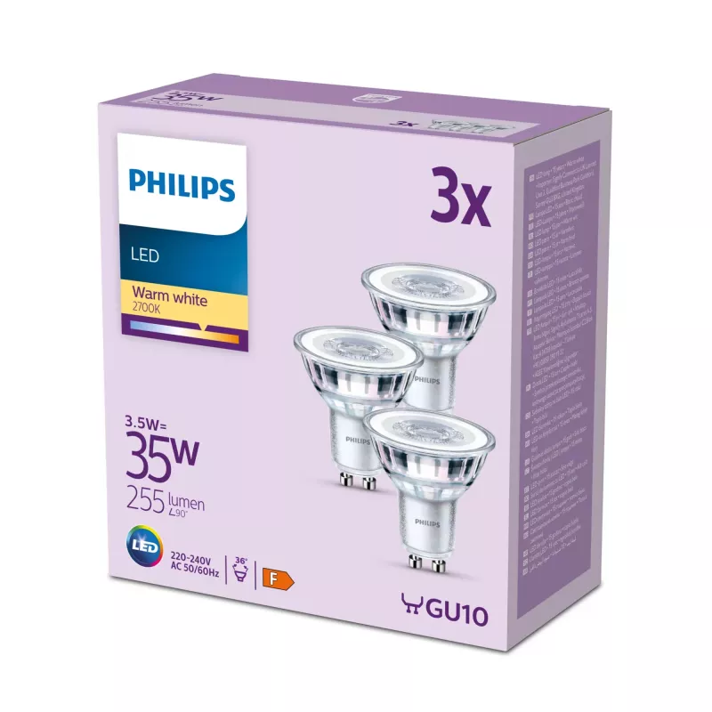 Philips reflektor 35W PAR16 GU10 x3, 3,5 W, 35 W, GU10, 255 lm, 15000 h, teplá biela