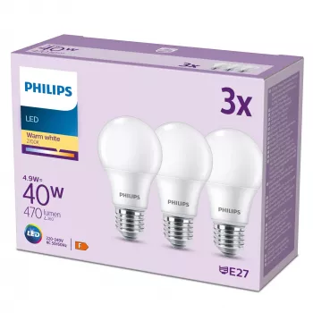 Philips žiarovka 40W A60 E27 x3, 4,9 W, 40 W, E27, 470 lm, 15000 h, teplá biela