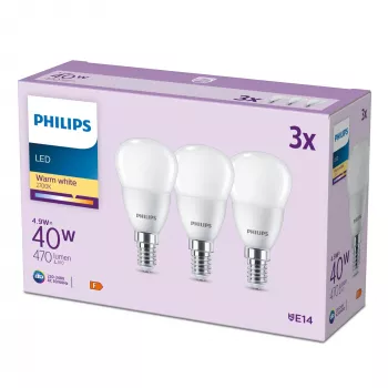 Philips sviečka 40W P45 E14 x3, 4,9 W, 40 W, E14, 470 lm, 15000 h, teplá biela
