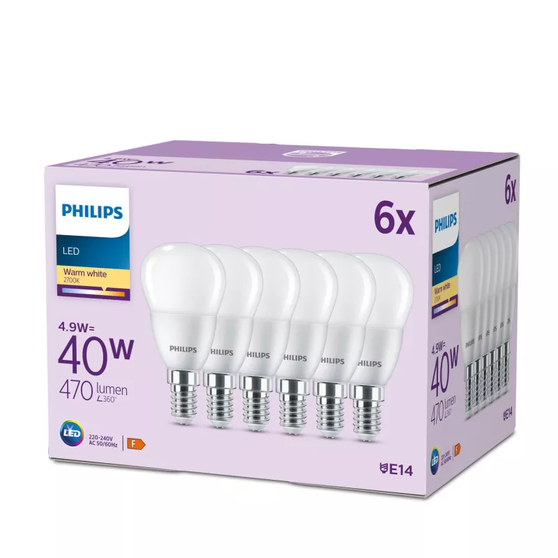 Philips sviečka 40W P45 E14 x6, 4,9 W, 40 W, E14, 470 lm, 15000 h, teplá biela