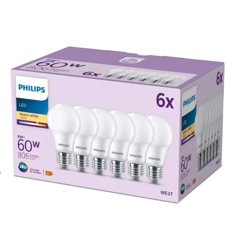 Philips žiarovka 60W A60 E27 x6, 8 W, 60 W, E27, 806 lm, 15000 h, teplá biela