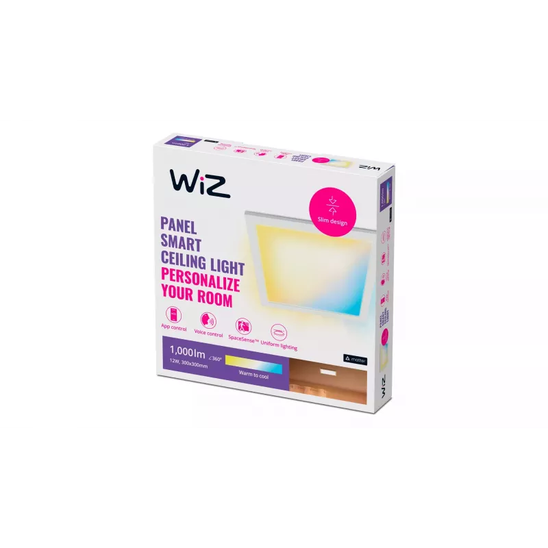 Inteligentné stropné svietidlo Signify WiZ Panel Ceiling 12 W štvorcové, 12 W, Wi‑Fi, 300×300×42 mm, biela