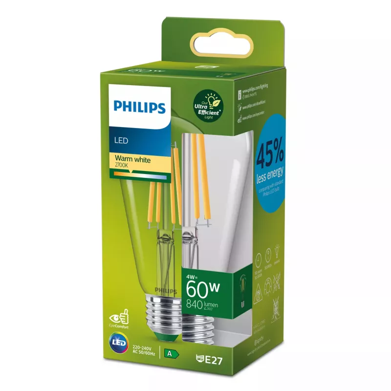 Philips Filament Birne Klar 60 W ST64 E27, 4 W, 60 W, E27, 840 lm, 50000 h, teplá biela