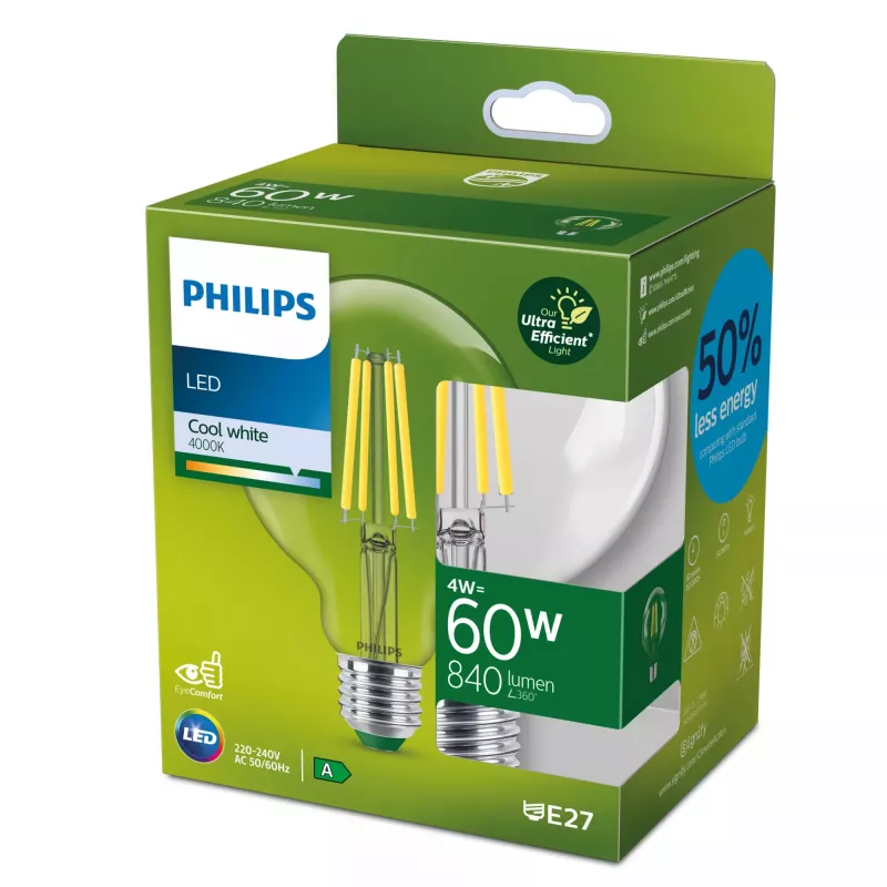 Philips Filament Bulb Clear 60W G95 E27, 4 W, 60 W, E27, 840 lm, 50000 h, studená biela