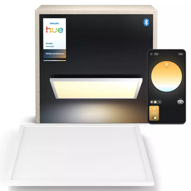 Philips Aurelle štvorcové panelové svietidlo, smart stropné svietidlo, Bluetooth/Zigbee, biela, LED, hliník, variabilné