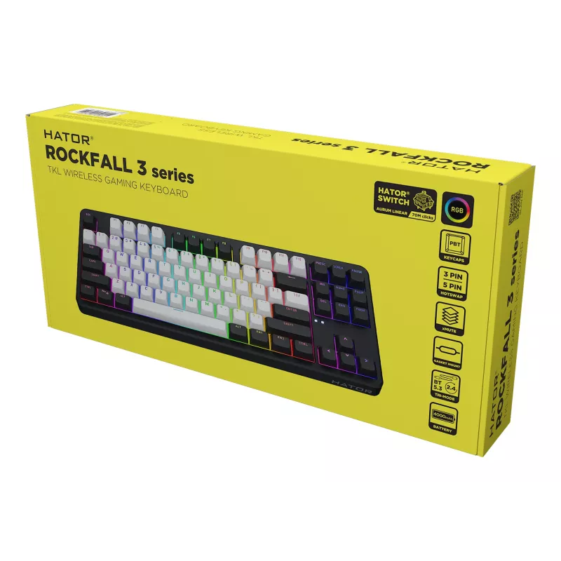 HATOR Rockfall 3 TKL Wireless, čierna, QMK/VIA, OMA profil bielo-čierne keycapy klávesnica - lineárne mechanické hotswap spínače - US - ANSI rozloženie (HTK850)