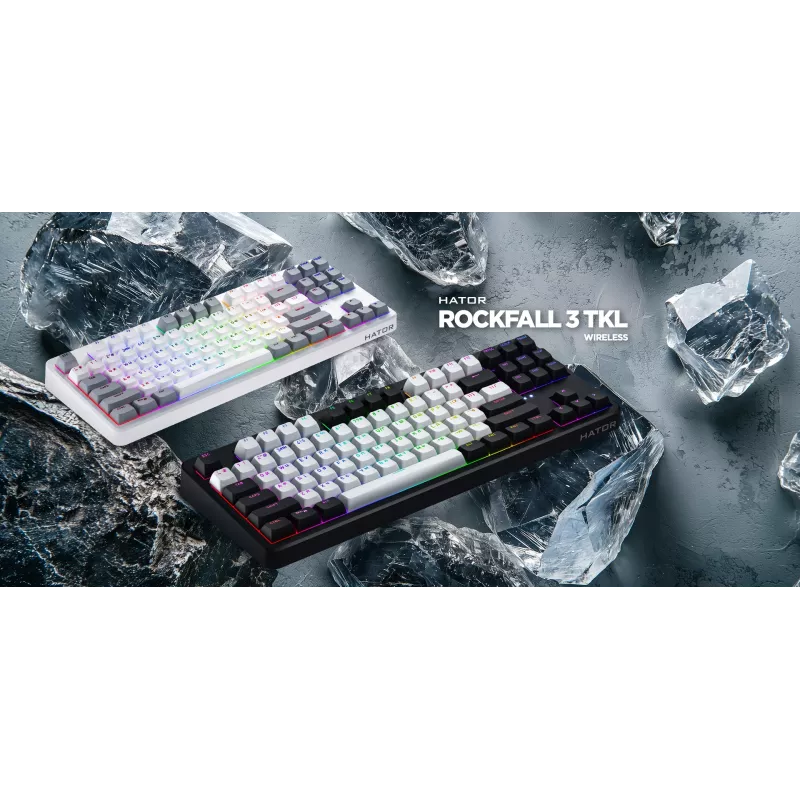 HATOR Rockfall 3 TKL Wireless, čierna, QMK/VIA, OMA profil bielo-čierne keycapy klávesnica - lineárne mechanické hotswap spínače - US - ANSI rozloženie (HTK850)