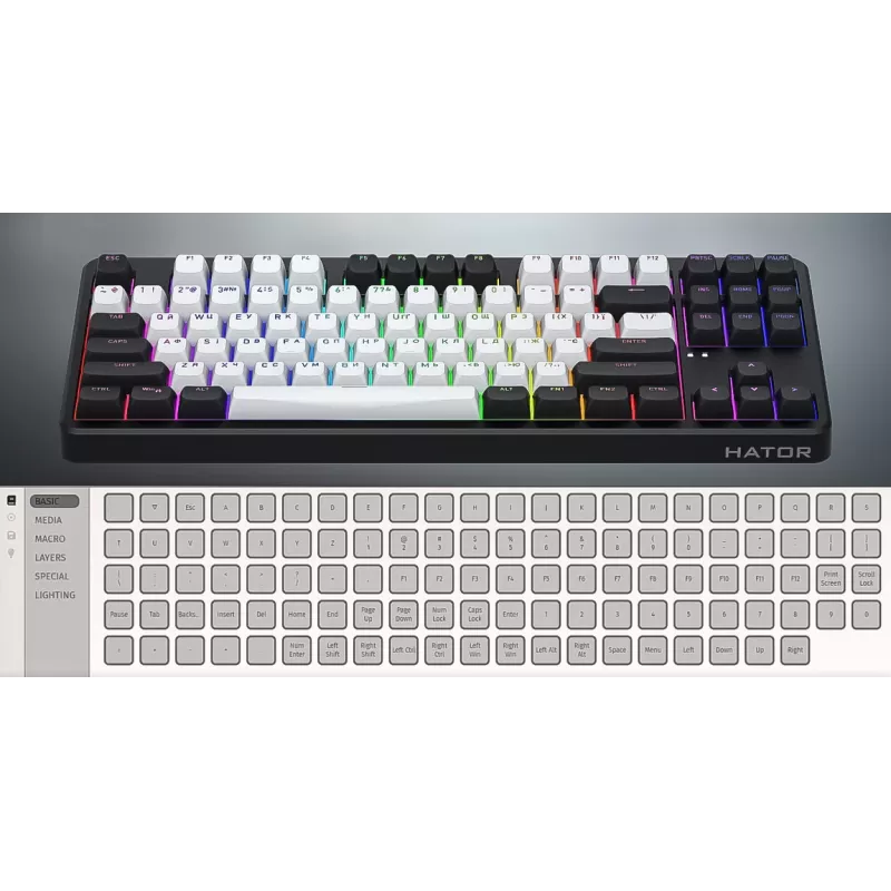 HATOR Rockfall 3 TKL Wireless, čierna, QMK/VIA, OMA profil bielo-čierne keycapy klávesnica - lineárne mechanické hotswap spínače - US - ANSI rozloženie (HTK850)
