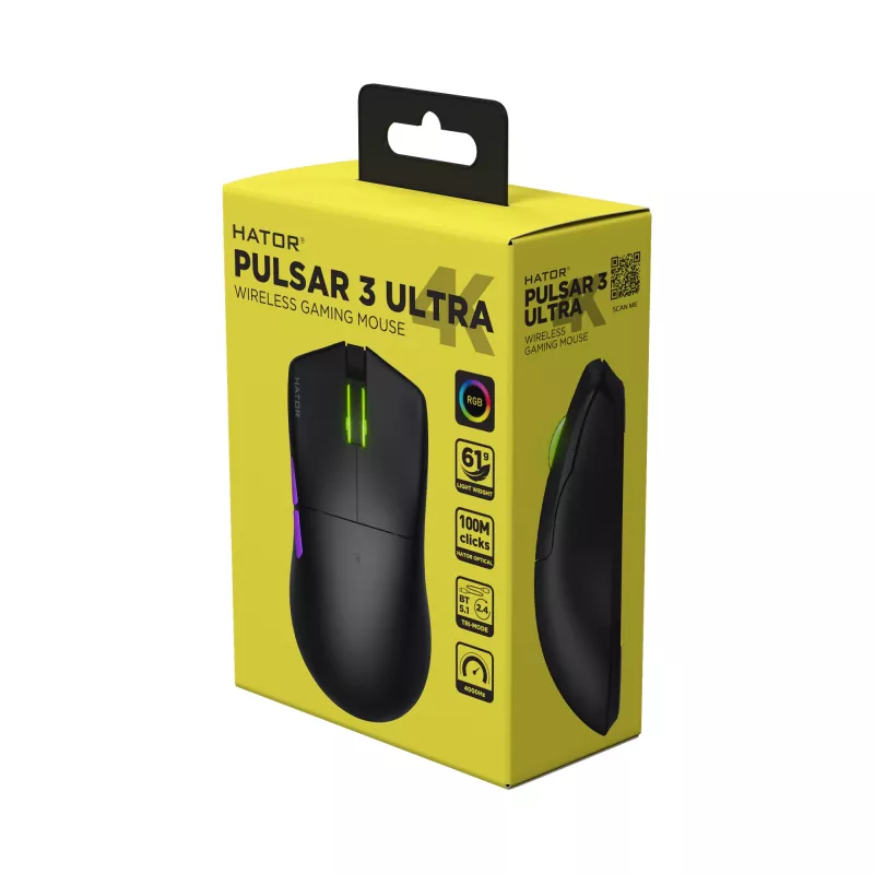 HATOR Pulsar 3 ULTRA 4K Wireless myš herná pre pravákov RF Wireless + Bluetooth + USB Type-A optická 30000 DPI
