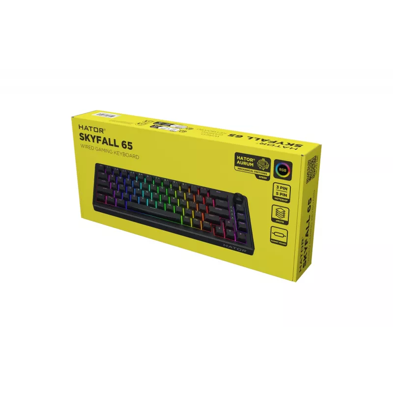 HATOR Skyfall 65 káblová, mechanická, USB-C, Aurum Sterling, 70M stlačení, RGB, čierna, 790g