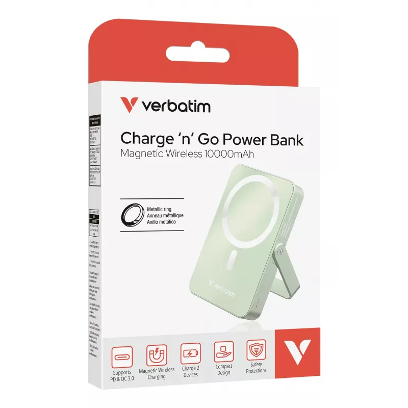 Verbatim Charge 'n' Go magnetická bezdrôtová powerbanka so stojanom – 10000 mAh zelená