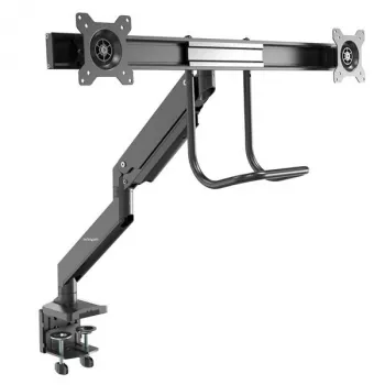 StarTech.com stolový držiak na dva monitory – ergonomický držiak na dvojmonitor VESA pre 32-palcové displeje (8 kg) – priečna tyč s rukoväťou pre synchronizovaný plný pohyb – výškovo nastaviteľný – C-svorka/priechodka