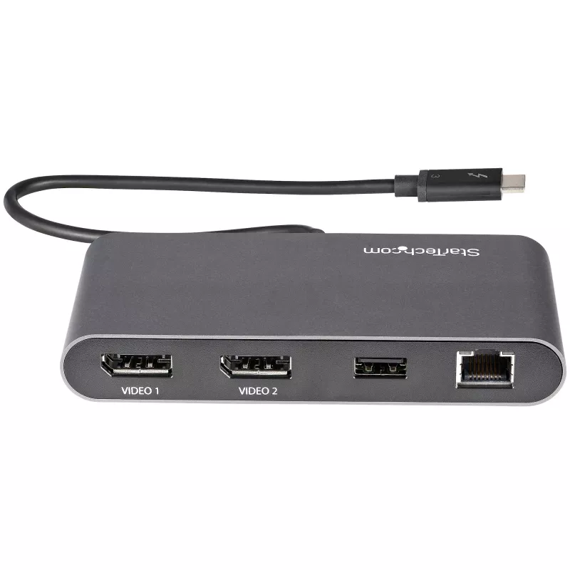 StarTech.com Dual-Monitor Thunderbolt Mini Dock, 4K 60Hz DisplayPort, bez ovládačov hub pre Windows & Mac, Gigabit Ethernet, 1x USB-A (USB 5Gbps), 11in (28cm) kábel