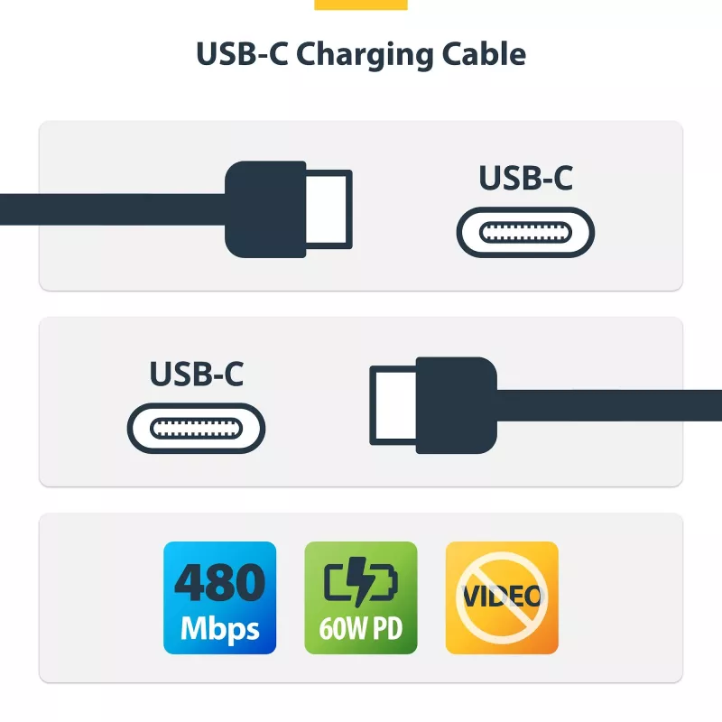StarTech.com 1 m (3,3 ft) USB-C nabíjací kábel, balenie 2 ks, USB-C kábel, USB 2.0 Type-C nabíjací kábel na notebook, 60 W 3 A Power Delivery, TPE plášť, USB-C dátový prenosový kábel, M/M