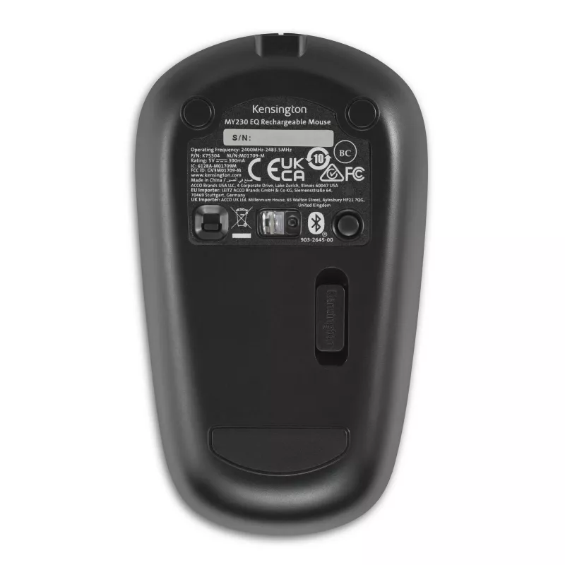 Kensington MY230 EQ nabíjateľná myš – bezdrôtová – stredne veľká, obojručná, RF Wireless + Bluetooth, 1200 DPI, čierna