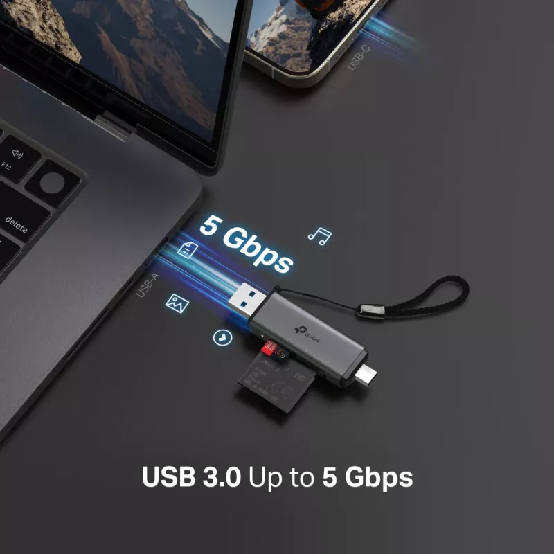 Čítačka kariet TP‑LINK UA430D USB 3.1 — podpora MicroSD/SD, 200 Mbit/s, čierna, 75×22,9×9,3 mm
