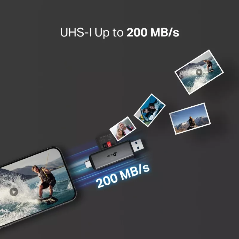Čítačka kariet TP‑LINK UA430D USB 3.1 — podpora MicroSD/SD, 200 Mbit/s, čierna, 75×22,9×9,3 mm