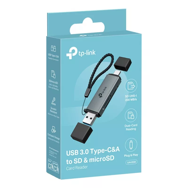 Čítačka kariet TP‑LINK UA430D USB 3.1 — podpora MicroSD/SD, 200 Mbit/s, čierna, 75×22,9×9,3 mm