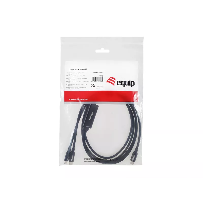 USB-C na 2x USB-C Y nabíjací kábel EQUIP 1,5 m PD 140 W, USB 2.0, čierny