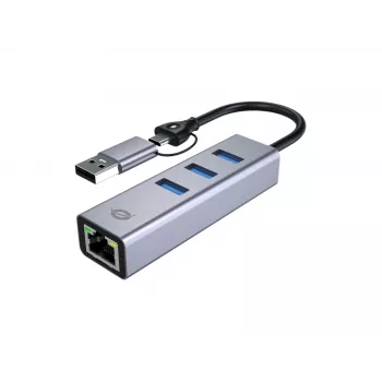 USB-C na Gigabit sieťový adaptér s 3-portovým USB hubom CONCEPTRONIC ABBY25G — USB 3.2 Gen 1, 1 Gbit/s Ethernet, 3x USB-A, hliník, sivý