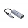 USB-C na Gigabit sieťový adaptér s 3-portovým USB hubom CONCEPTRONIC ABBY25G — USB 3.2 Gen 1, 1 Gbit/s Ethernet, 3x USB-A, hliník, sivý