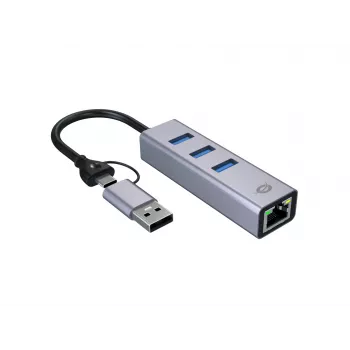 USB-C na Gigabit sieťový adaptér s 3-portovým USB hubom CONCEPTRONIC ABBY25G — USB 3.2 Gen 1, 1 Gbit/s Ethernet, 3x USB-A, hliník, sivý