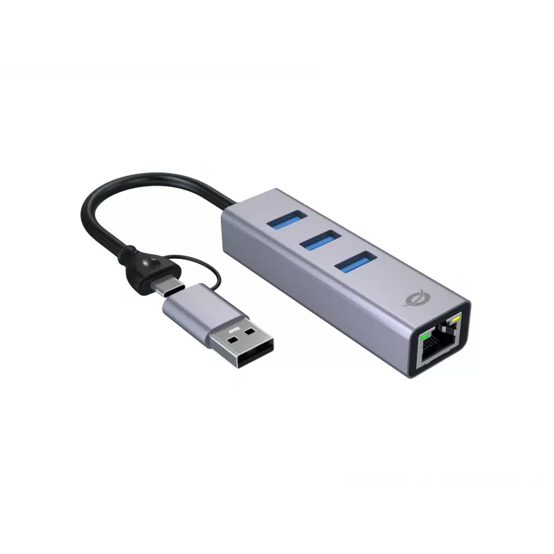 USB-C na Gigabit sieťový adaptér s 3-portovým USB hubom CONCEPTRONIC ABBY25G — USB 3.2 Gen 1, 1 Gbit/s Ethernet, 3x USB-A, hliník, sivý
