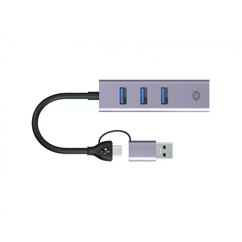 USB-C na Gigabit sieťový adaptér s 3-portovým USB hubom CONCEPTRONIC ABBY25G — USB 3.2 Gen 1, 1 Gbit/s Ethernet, 3x USB-A, hliník, sivý