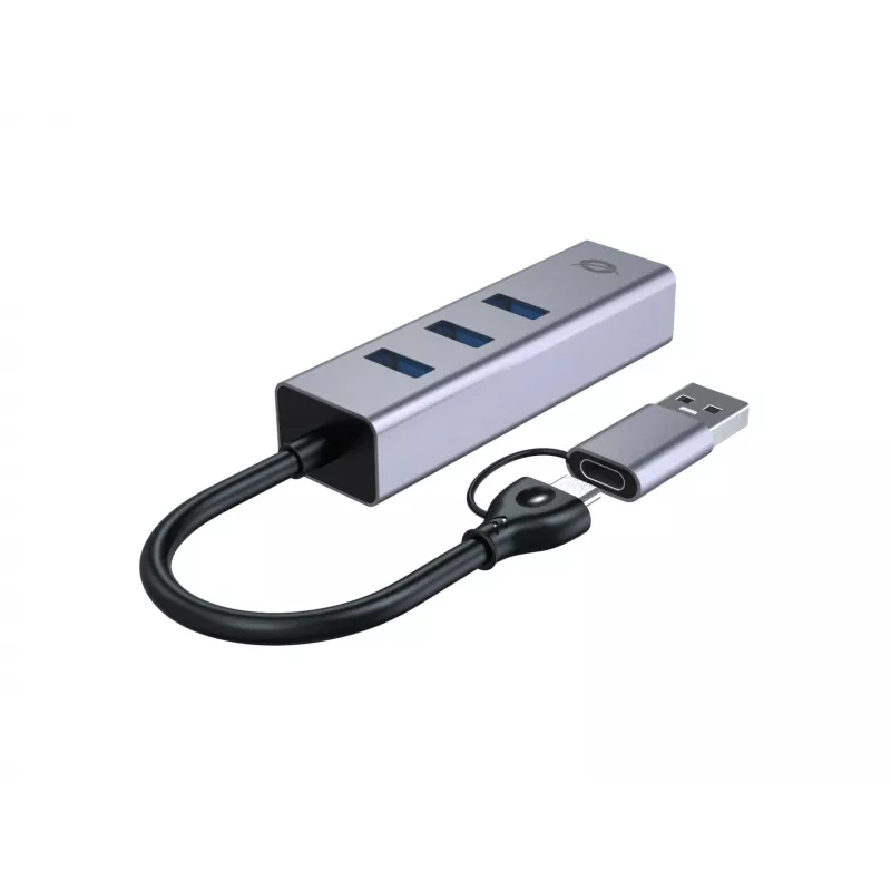 USB-C na Gigabit sieťový adaptér s 3-portovým USB hubom CONCEPTRONIC ABBY25G — USB 3.2 Gen 1, 1 Gbit/s Ethernet, 3x USB-A, hliník, sivý