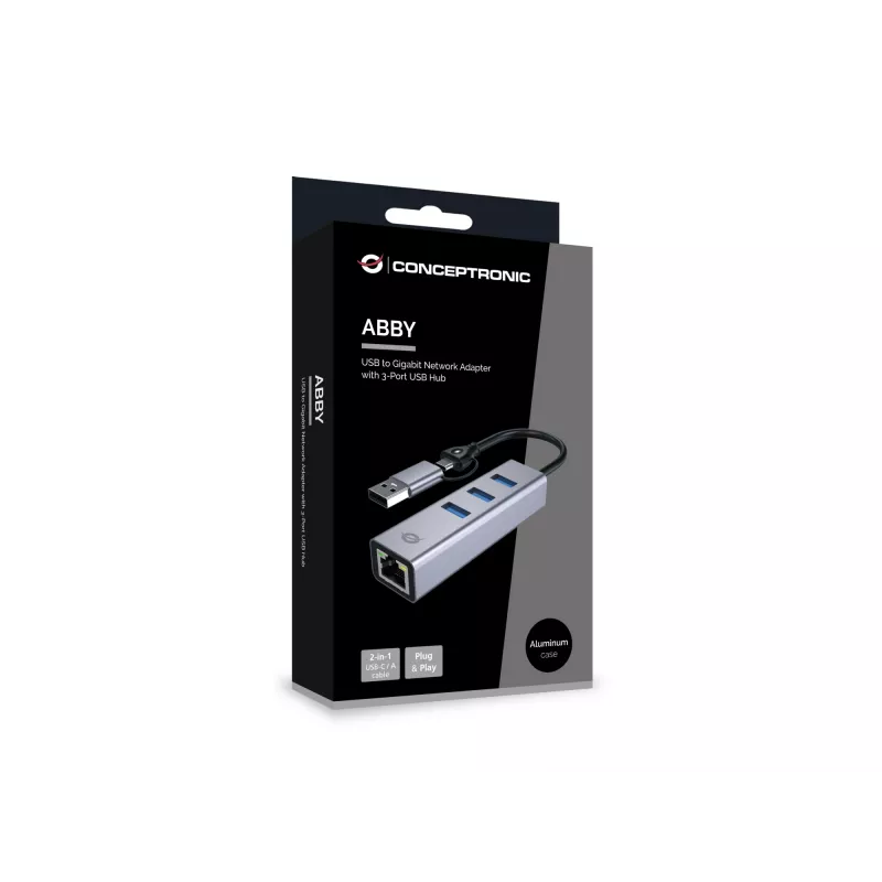USB-C na Gigabit sieťový adaptér s 3-portovým USB hubom CONCEPTRONIC ABBY25G — USB 3.2 Gen 1, 1 Gbit/s Ethernet, 3x USB-A, hliník, sivý