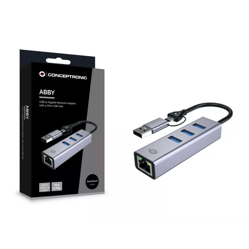USB-C na Gigabit sieťový adaptér s 3-portovým USB hubom CONCEPTRONIC ABBY25G — USB 3.2 Gen 1, 1 Gbit/s Ethernet, 3x USB-A, hliník, sivý