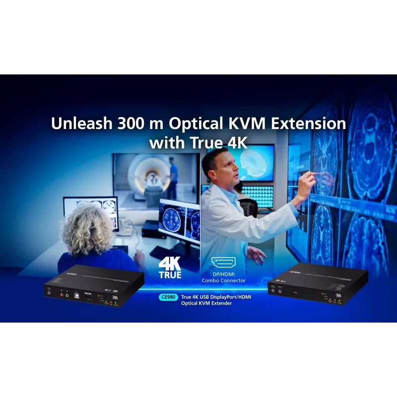 KVM extender ATEN True 4K DP/HDMI optický KVM 300m – vysielač a prijímač, DisplayPort/HDMI, USB, 300 m